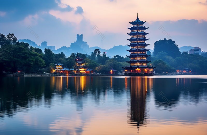 蓝天下的宝塔平静水面波纹,高清,摄影图,摄影图片,图片大全,摄影图免费下载